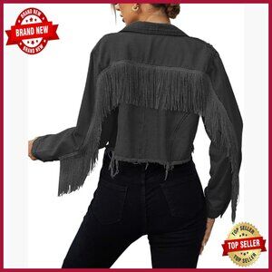 Distressed Cropped Denim Jacket with Fringe Trim Long Sleeve